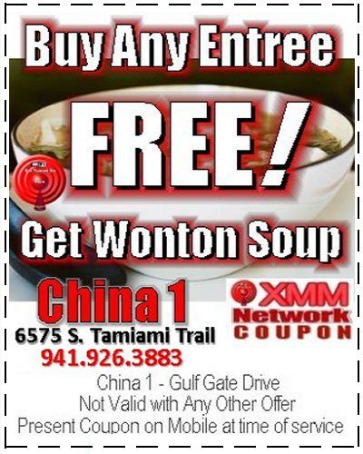 China 1: Free wonton soup with any entree